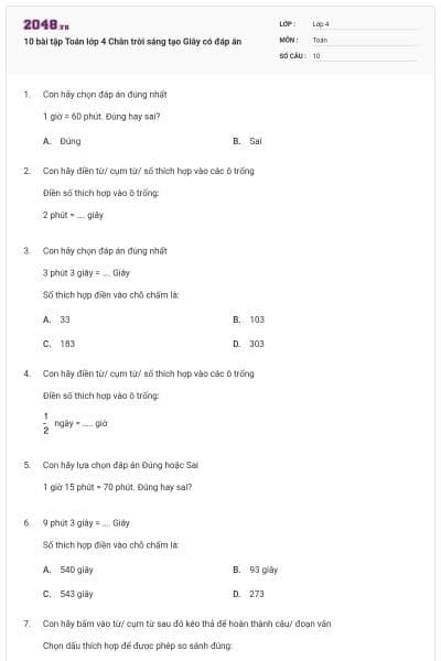 10 bài tập Toán lớp 4 Chân trời sáng tạo Giây có đáp án