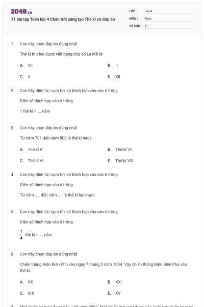 11 bài tập Toán lớp 4 Chân trời sáng tạo Thế kỉ có đáp án