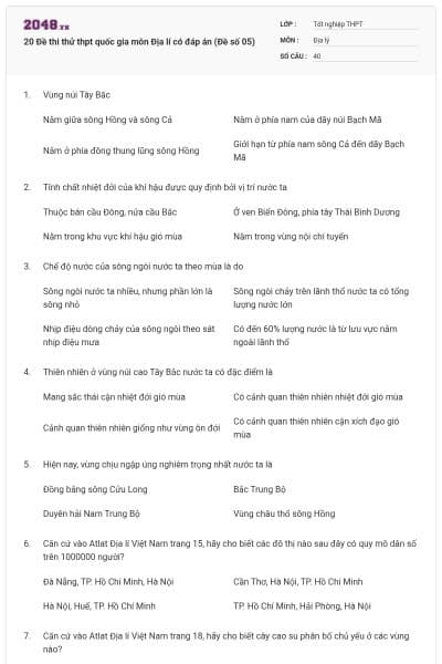 20 Đề thi thử thpt quốc gia môn Địa lí có đáp án (Đề số 05)