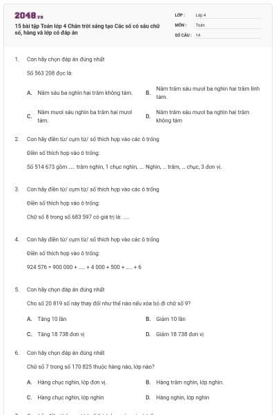 15 bài tập Toán lớp 4 Chân trời sáng tạo Các số có sáu chữ số, hàng và lớp có đáp án