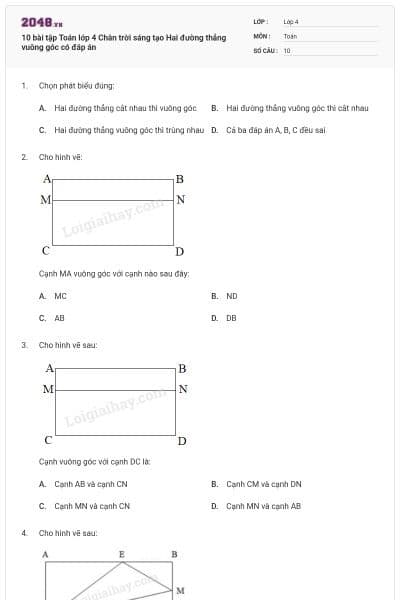 10 bài tập Toán lớp 4 Chân trời sáng tạo Hai đường thẳng vuông góc có đáp án