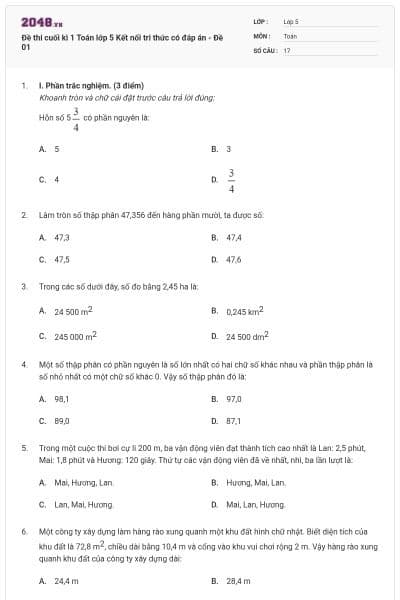Đề thi cuối kì 1 Toán lớp 5 Kết nối tri thức có đáp án - Đề 01