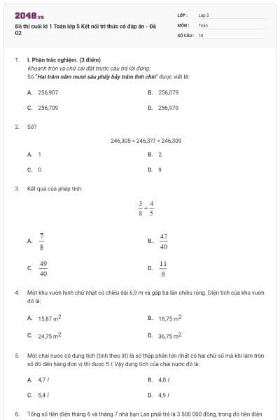 Đề thi cuối kì 1 Toán lớp 5 Kết nối tri thức có đáp án - Đề 02
