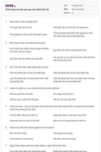 30 Đề luyện thi thpt quốc gia môn GDCD (Đề 28)