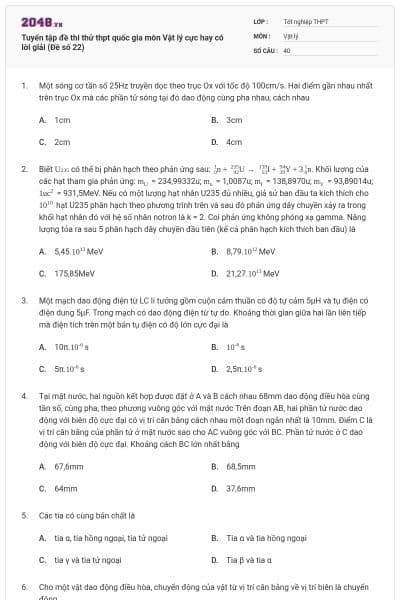 Tuyển tập đề thi thử thpt quốc gia môn Vật lý cực hay có lời giải (Đề số 22)