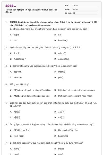 15 câu Trắc nghiệm Tin học 11 Kết nối tri thức Bài 17 có đáp án