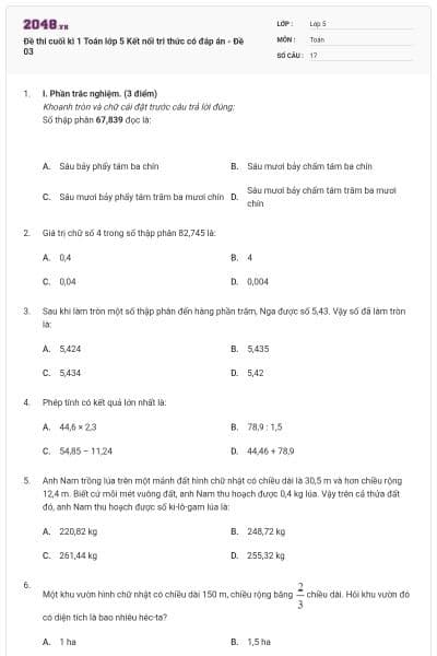 Đề thi cuối kì 1 Toán lớp 5 Kết nối tri thức có đáp án - Đề 03