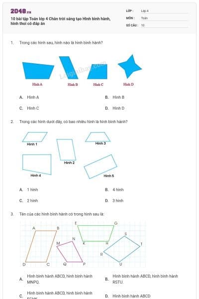 10 bài tập Toán lớp 4 Chân trời sáng tạo Hình bình hành, hình thoi có đáp án