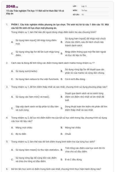 15 câu Trắc nghiệm Tin học 11 Kết nối tri thức Bài 18 có đáp án