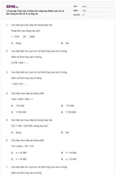 12 bài tập Toán lớp 4 Chân trời sáng tạo Nhân các số có tận cùng là chữ số 0 có đáp án