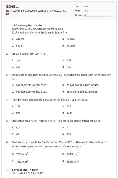 Đề thi cuối kì 1 Toán lớp 5 Kết nối tri thức có đáp án - Đề 04