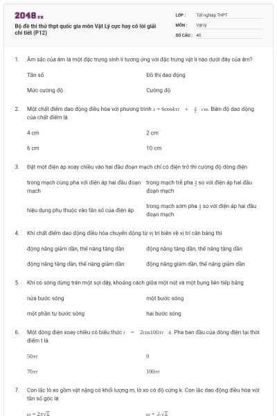 Bộ đề thi thử thpt quốc gia môn Vật Lý cực hay có lời giải chi tiết (P12)