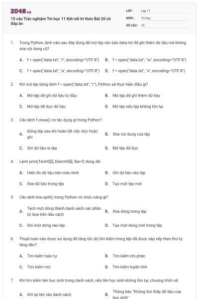 15 câu Trắc nghiệm Tin học 11 Kết nối tri thức Bài 20 có đáp án