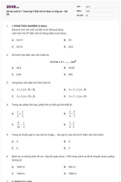 Đề thi cuối kì 1 Toán lớp 5 Kết nối tri thức có đáp án - Đề 06