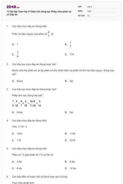 12 bài tập Toán lớp 4 Chân trời sáng tạo Phép chia phân số có đáp án