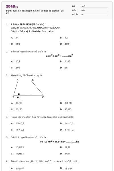Đề thi cuối kì 1 Toán lớp 5 Kết nối tri thức có đáp án - Đề 07