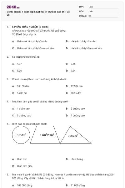Đề thi cuối kì 1 Toán lớp 5 Kết nối tri thức có đáp án - Đề 08