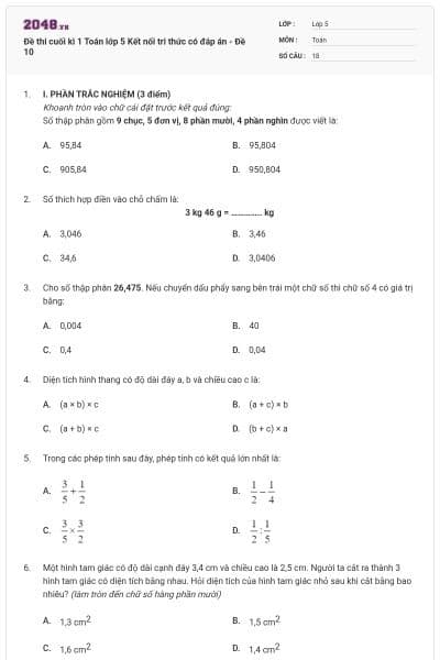 Đề thi cuối kì 1 Toán lớp 5 Kết nối tri thức có đáp án - Đề 10