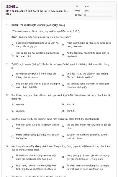 Bộ 3 đề thi cuối kì 1 Lịch Sử 12 Kết nối tri thức có đáp án - Đề 2