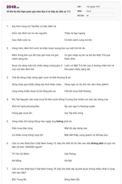 20 Đề thi thử thpt quốc gia môn Địa lí có đáp án (Đề số 11)