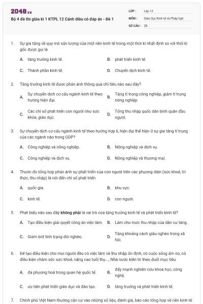 Bộ 4 đề thi giữa kì 1 KTPL 12 Cánh diều có đáp án - Đề 1