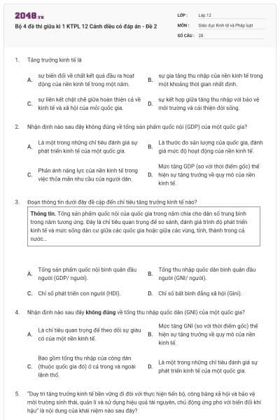 Bộ 4 đề thi giữa kì 1 KTPL 12 Cánh diều có đáp án - Đề 2