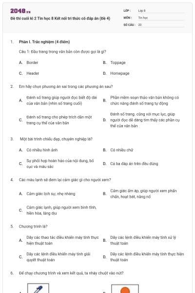 Đề thi cuối kì 2 Tin học 8 Kết nối tri thức có đáp án (Đề 4)