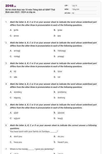 Đề thi chính thức vào 10 môn Tiếng Anh sở GDĐT Thái Bình năm 2023 - 2024 có đáp án