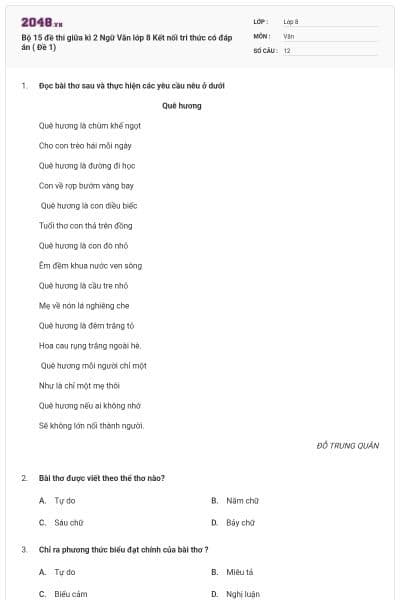 Bộ 15 đề thi giữa kì 2 Ngữ Văn lớp 8 Kết nối tri thức có đáp án ( Đề 1)