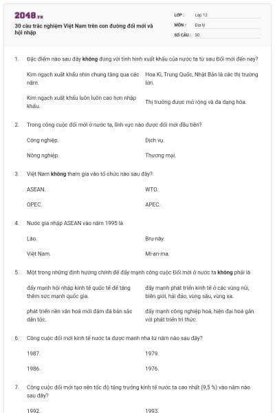 30 câu trắc nghiệm Việt Nam trên con đường đổi mới và hội nhập