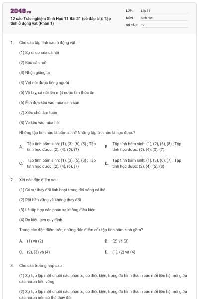 12 câu Trắc nghiệm Sinh Học 11 Bài 31 (có đáp án): Tập tính ở động vật (Phần 1)