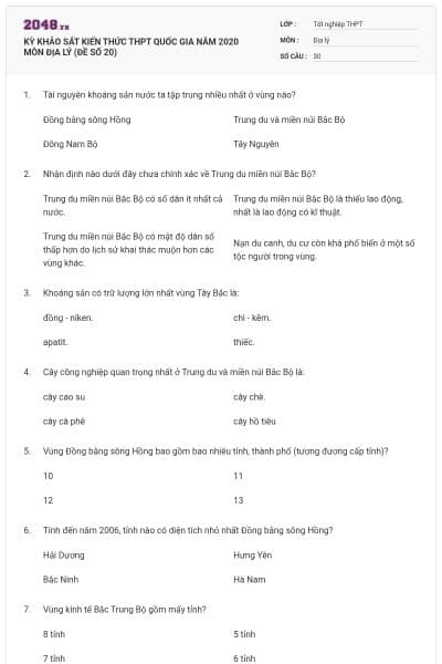 KỲ KHẢO SÁT KIẾN THỨC THPT QUỐC GIA NĂM 2020 MÔN ĐỊA LÝ (ĐỀ SỐ 20)
