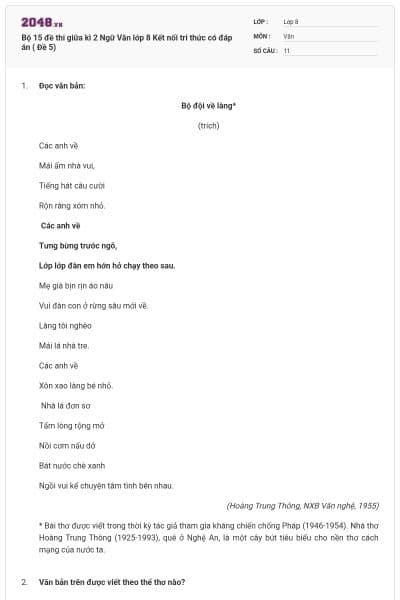 Bộ 15 đề thi giữa kì 2 Ngữ Văn lớp 8 Kết nối tri thức có đáp án ( Đề 5)