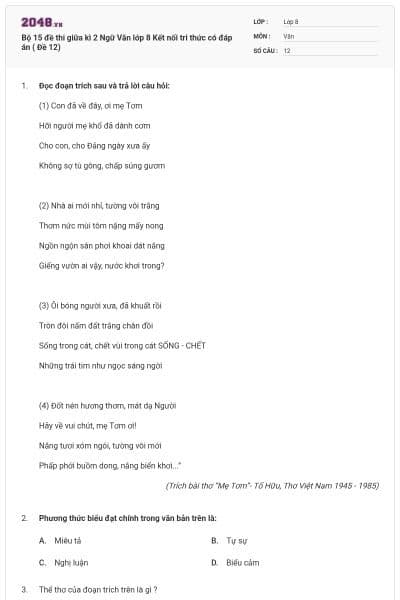 Bộ 15 đề thi giữa kì 2 Ngữ Văn lớp 8 Kết nối tri thức có đáp án ( Đề 12)