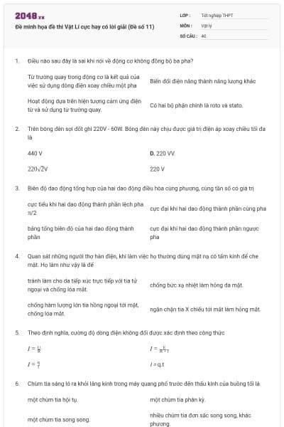 Đề minh họa đề thi Vật Lí cực hay có lời giải (Đề số 11)