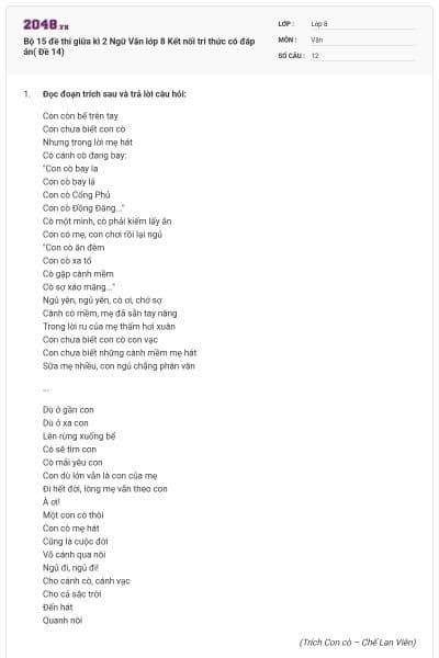 Bộ 15 đề thi giữa kì 2 Ngữ Văn lớp 8 Kết nối tri thức có đáp án( Đề 14)