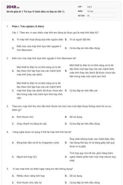 Đề thi giữa kì 1 Tin học 8 Cánh diều có đáp án (Đề 1)