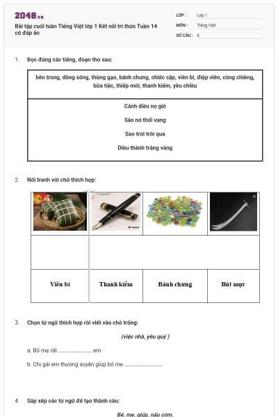 Bài tập cuối tuần Tiếng Việt lớp 1 Kết nối tri thức Tuần 14 có đáp án