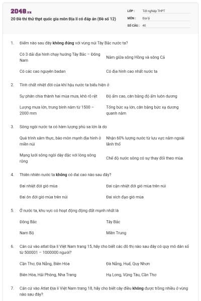 20 Đề thi thử thpt quốc gia môn Địa lí có đáp án (Đề số 12)