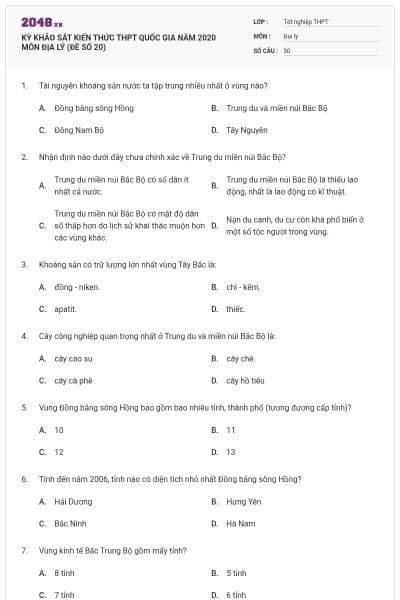 KỲ KHẢO SÁT KIẾN THỨC THPT QUỐC GIA NĂM 2020 MÔN ĐỊA LÝ (ĐỀ SỐ 20)