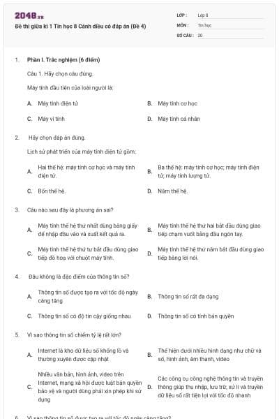 Đề thi giữa kì 1 Tin học 8 Cánh diều có đáp án (Đề 4)