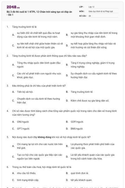 Bộ 3 đề thi cuối kì 1 KTPL 12 Chân trời sáng tạo có đáp án - Đề 1