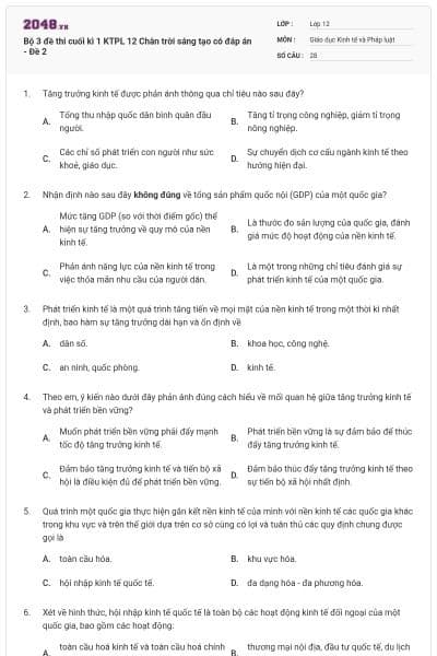 Bộ 3 đề thi cuối kì 1 KTPL 12 Chân trời sáng tạo có đáp án - Đề 2