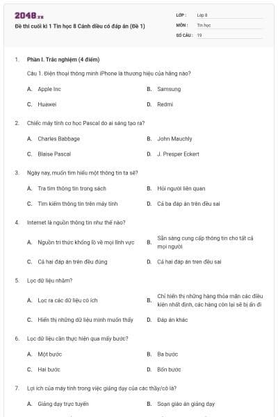 Đề thi cuối kì 1 Tin học 8 Cánh diều có đáp án (Đề 1)