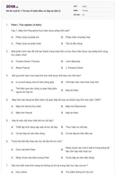 Đề thi cuối kì 1 Tin học 8 Cánh diều có đáp án (Đề 2)