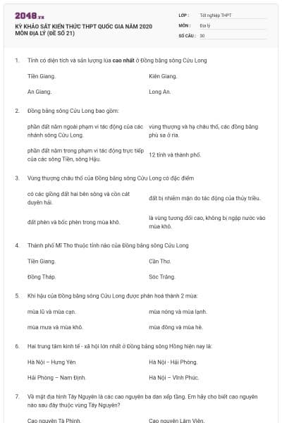 KỲ KHẢO SÁT KIẾN THỨC THPT QUỐC GIA NĂM 2020 MÔN ĐỊA LÝ (ĐỀ SỐ 21)