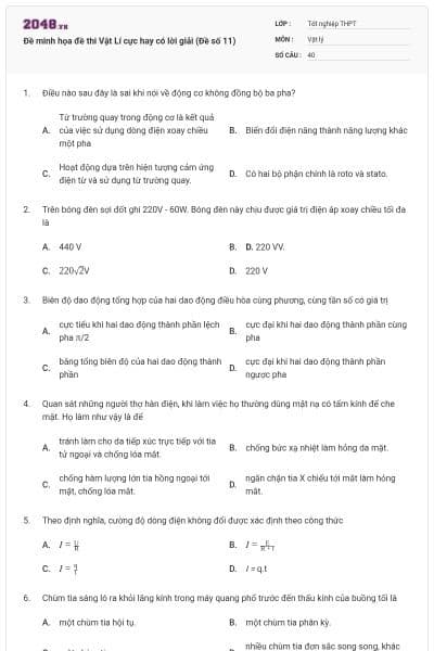Đề minh họa đề thi Vật Lí cực hay có lời giải (Đề số 11)