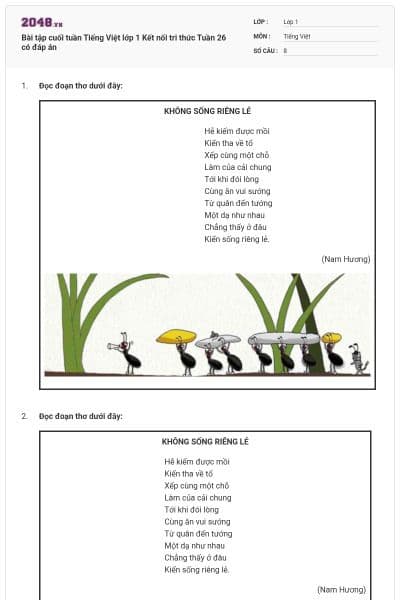 Bài tập cuối tuần Tiếng Việt lớp 1 Kết nối tri thức Tuần 26 có đáp án