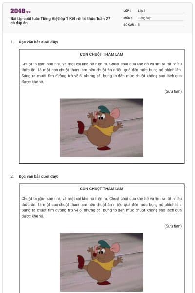 Bài tập cuối tuần Tiếng Việt lớp 1 Kết nối tri thức Tuần 27 có đáp án