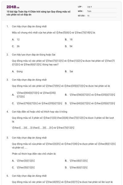 10 bài tập Toán lớp 4 Chân trời sáng tạo Quy đồng mẫu số các phân số có đáp án